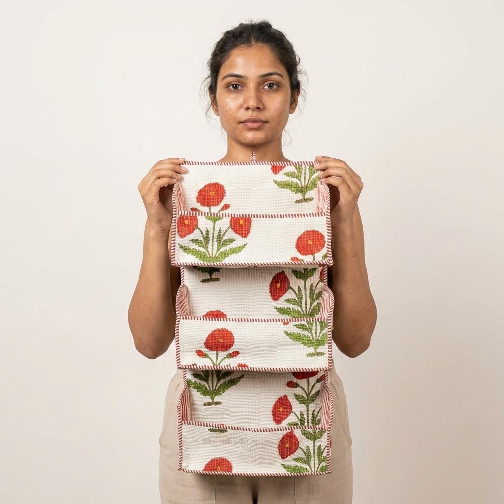 Hanging Wall Organizer with Pockets – Red Poppy Floral Fabric Storage for Bedroom, Office & Entryway