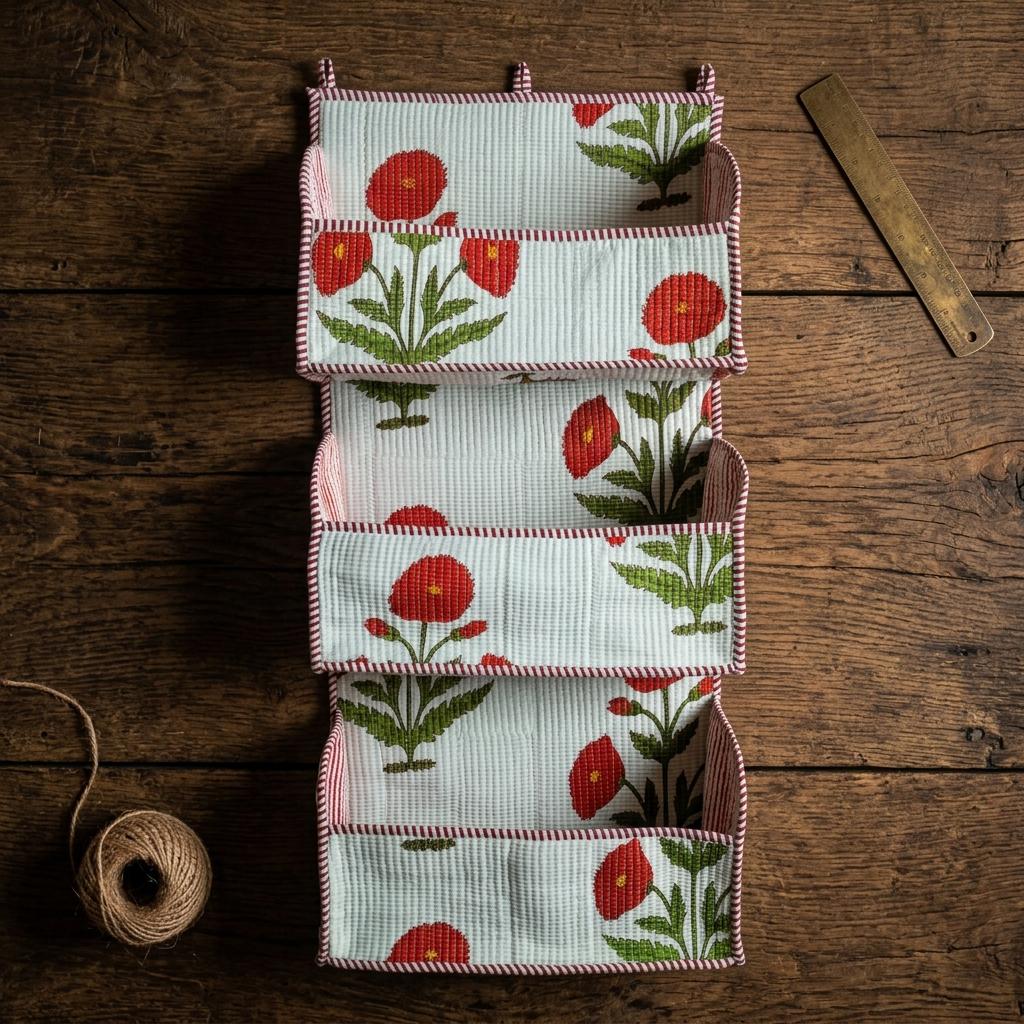 Hanging Wall Organizer with Pockets – Red Poppy Floral Fabric Storage for Bedroom, Office & Entryway