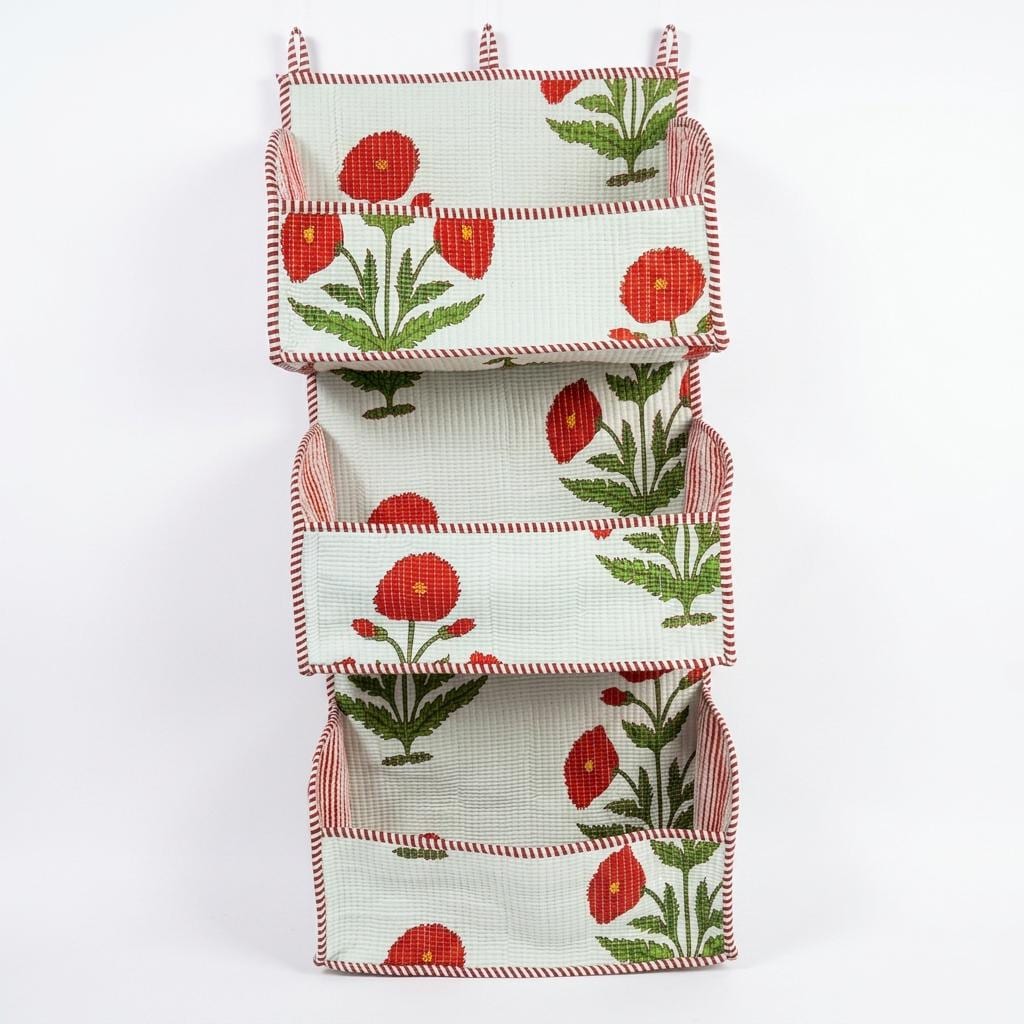 Hanging Wall Organizer with Pockets – Red Poppy Floral Fabric Storage for Bedroom, Office & Entryway