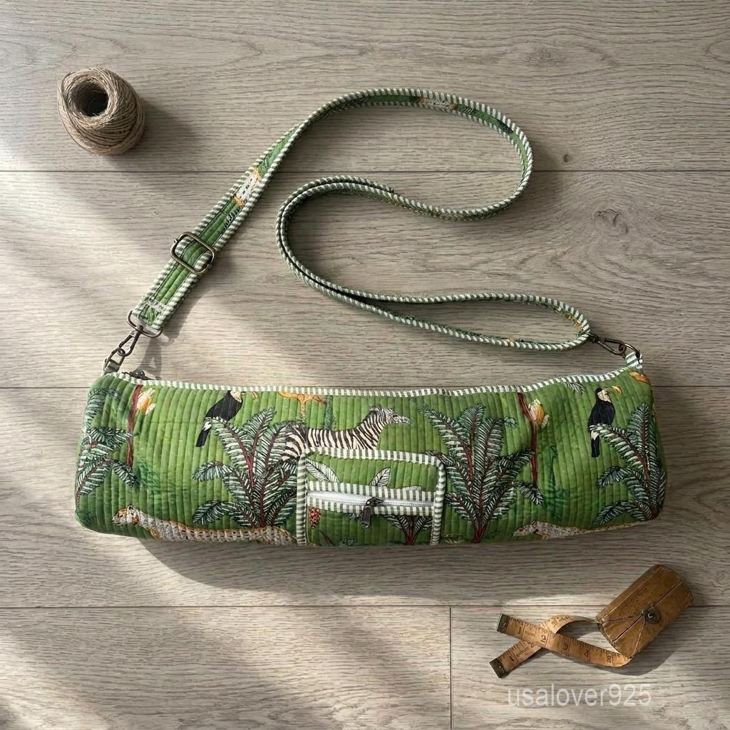 Forest Print Quilted Yoga Mat Bag, Handmade Cotton Yoga Carrier