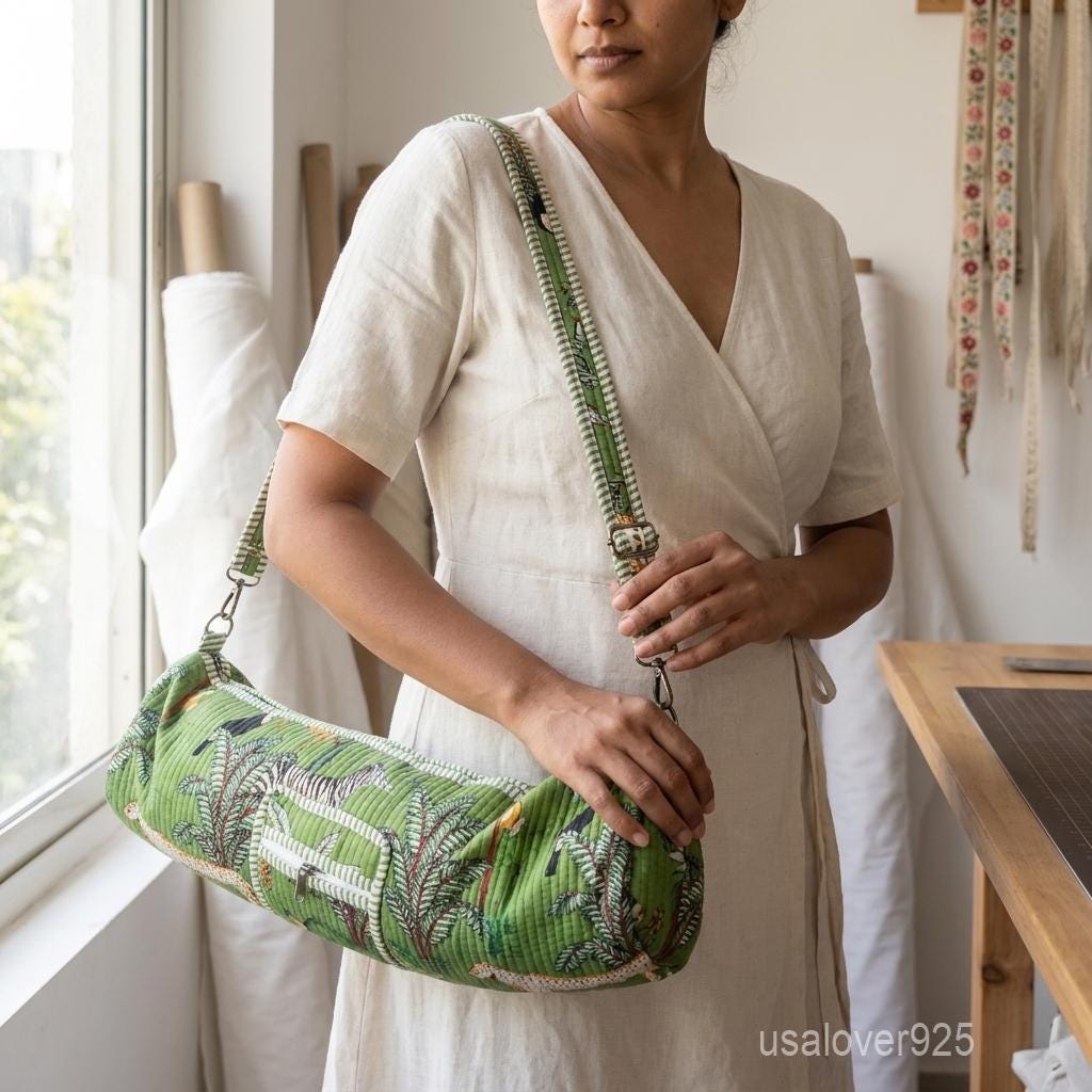 Forest Print Quilted Yoga Mat Bag, Handmade Cotton Yoga Carrier