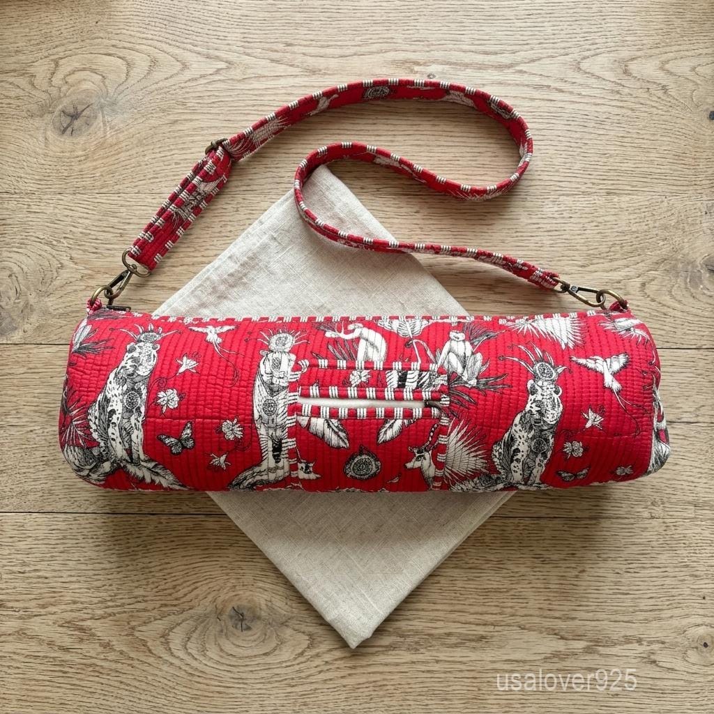 Pink Animal Print Quilted Yoga Mat Bag, Handmade Cotton Gym Bag
