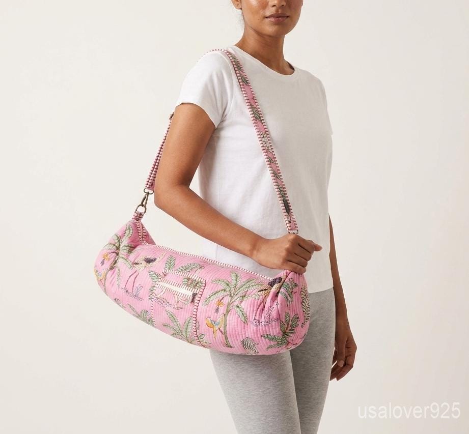 Hand Block Print Pink Yoga Mat Bag - Quilted Cotton Carrier with Adjustable Strap & Pockets