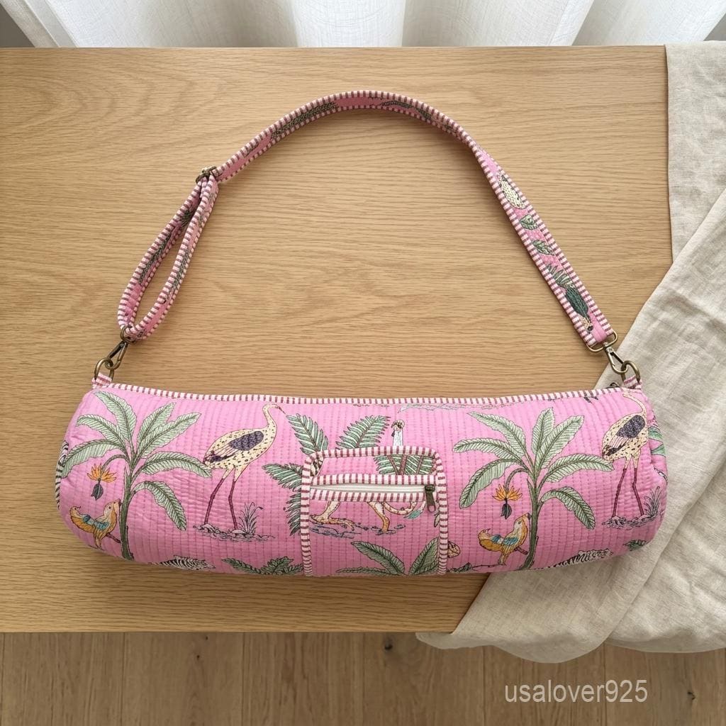 Hand Block Print Pink Yoga Mat Bag - Quilted Cotton Carrier with Adjustable Strap & Pockets