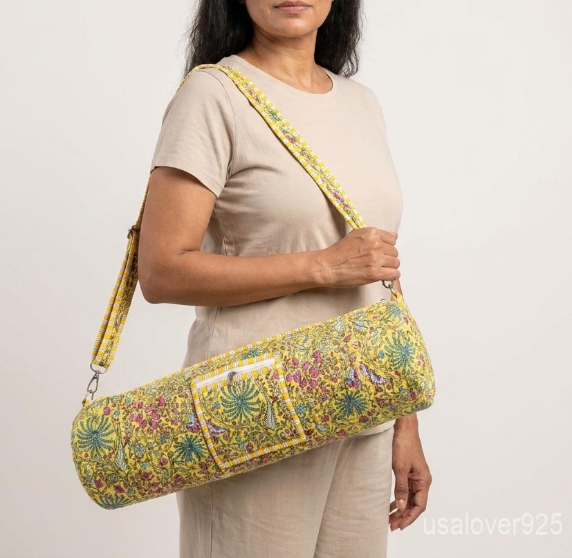Yellow Floral Hand Block Print Yoga Mat Bag – Quilted Cotton Gym Carrier