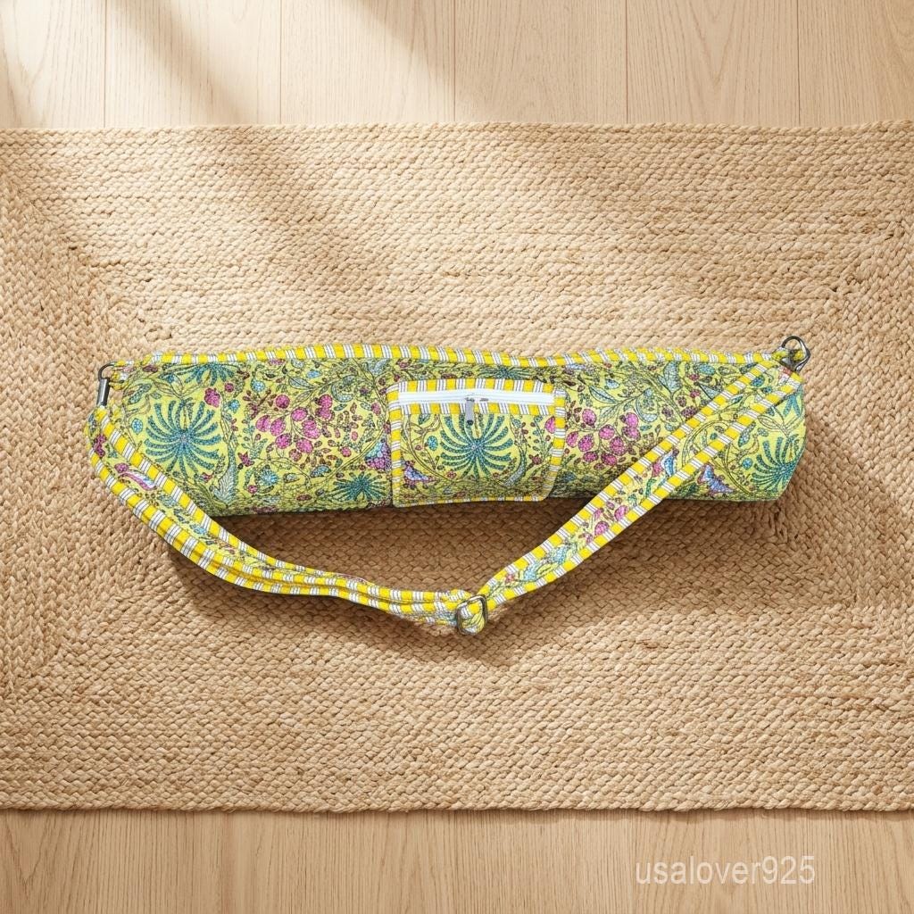 Yellow Floral Hand Block Print Yoga Mat Bag – Quilted Cotton Gym Carrier