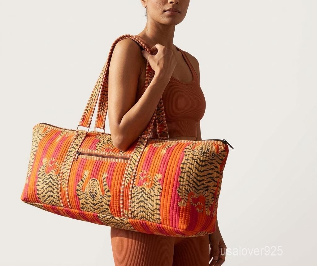 Tiger Print Quilted Yoga Bag - Large Orange Hand Block Print Cotton Tote