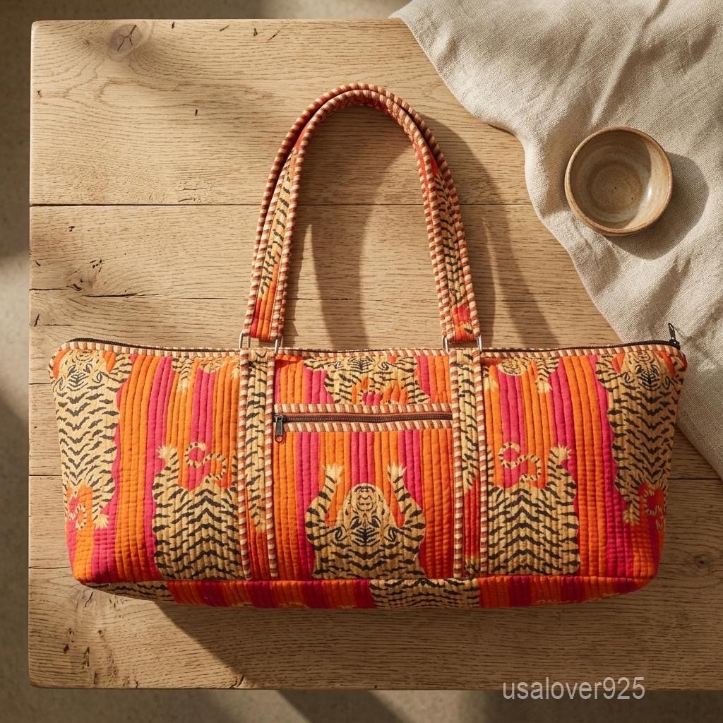 Tiger Print Quilted Yoga Bag - Large Orange Hand Block Print Cotton Tote