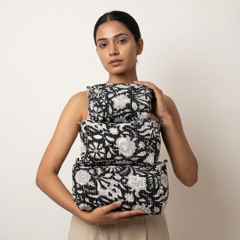 Quilted Black White Floral Cotton Cosmetic Bag Set Handmade Makeup Toiletry Travel Organizer Gift