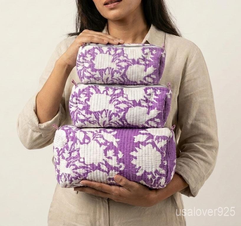 Hand Block Print Cosmetic Bag Set – Quilted Cotton Toiletry Pouches (Set of 3)