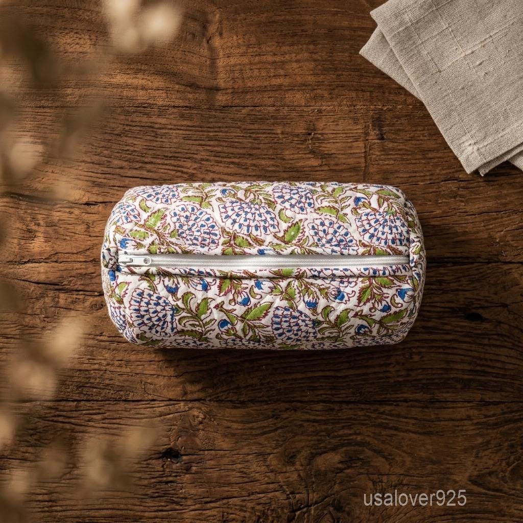 White Floral Quilted Cotton Toiletry Bags Set of 3 with Waterproof Plastic Lining