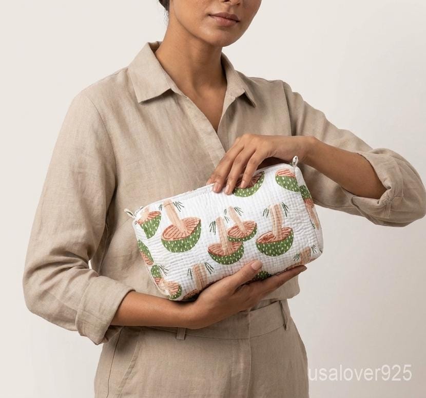 Mushroom Print Quilted Cosmetic Bags – Handmade Cotton Travel Pouches Set
