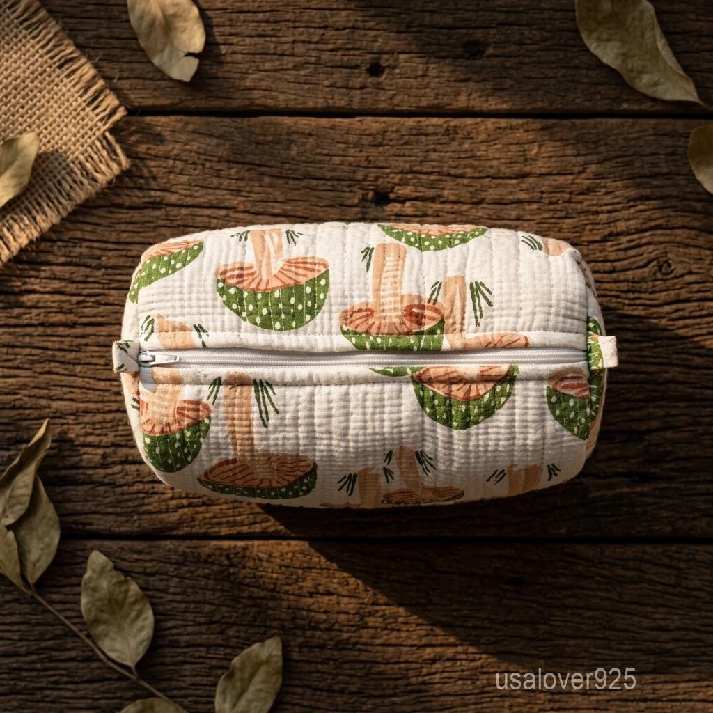 Mushroom Print Quilted Cosmetic Bags – Handmade Cotton Travel Pouches Set
