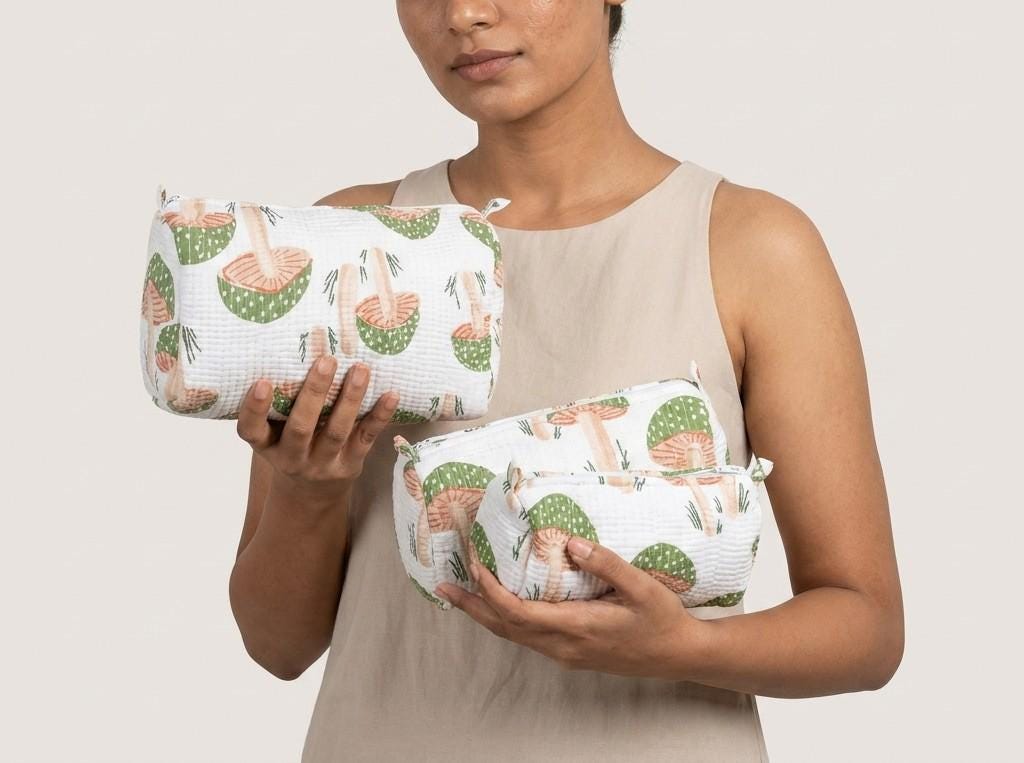 Mushroom Print Quilted Cosmetic Bags – Handmade Cotton Travel Pouches Set