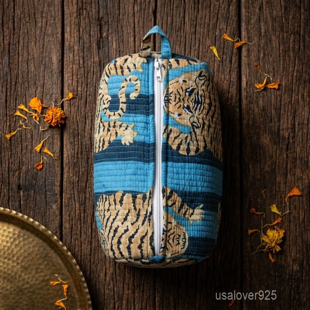 Hand Block Print Quilted Cosmetic Bag Set – Blue Tiger Cotton Travel Pouches (of 3)