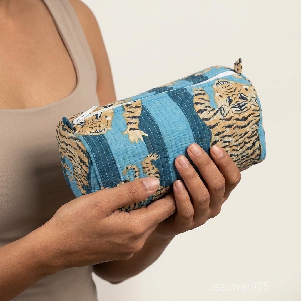 Hand Block Print Quilted Cosmetic Bag Set – Blue Tiger Cotton Travel Pouches (of 3)