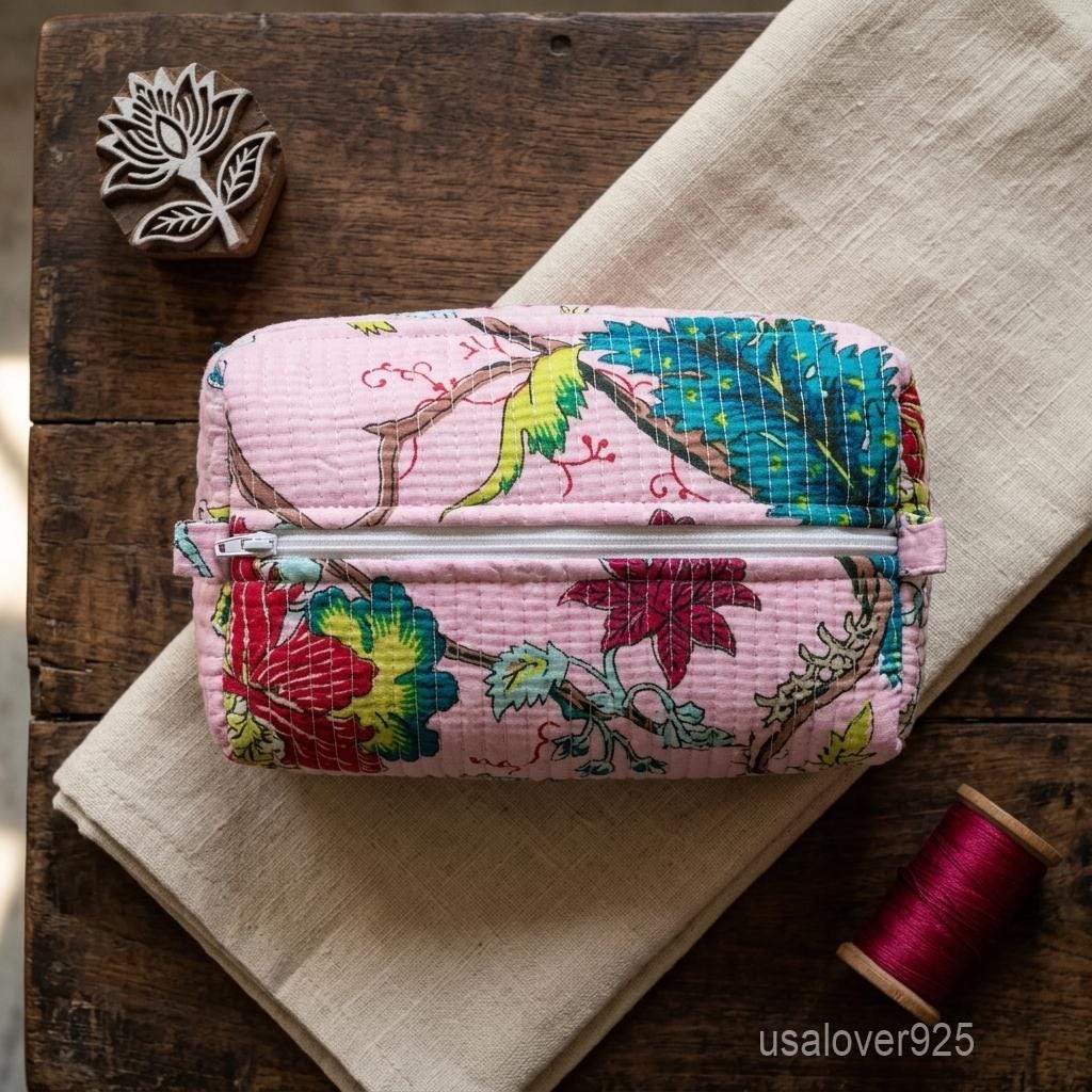 Pink Floral Bird Hand Block Print Cosmetic Bag Set – Quilted Cotton Travel Pouches