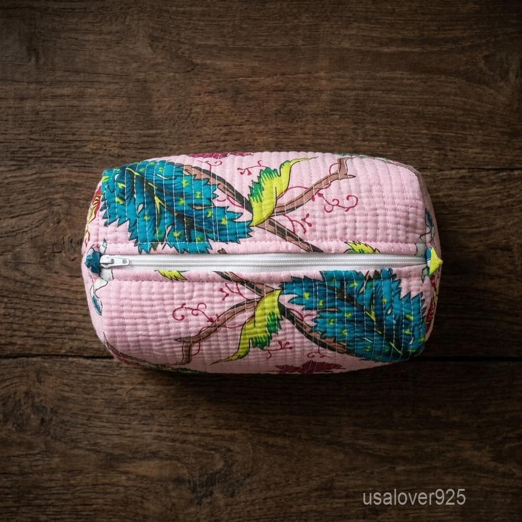 Pink Floral Bird Hand Block Print Cosmetic Bag Set – Quilted Cotton Travel Pouches