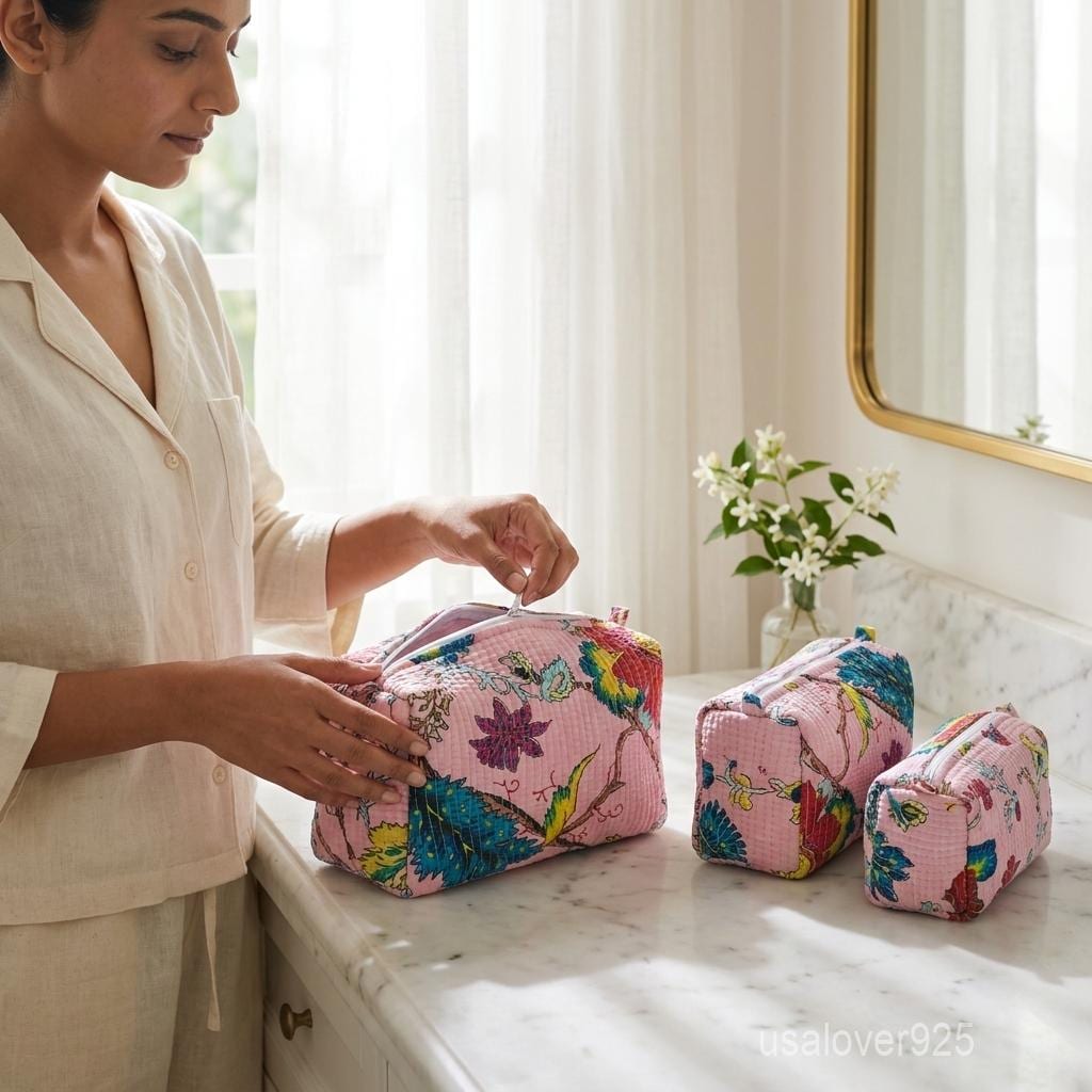 Pink Floral Bird Hand Block Print Cosmetic Bag Set – Quilted Cotton Travel Pouches