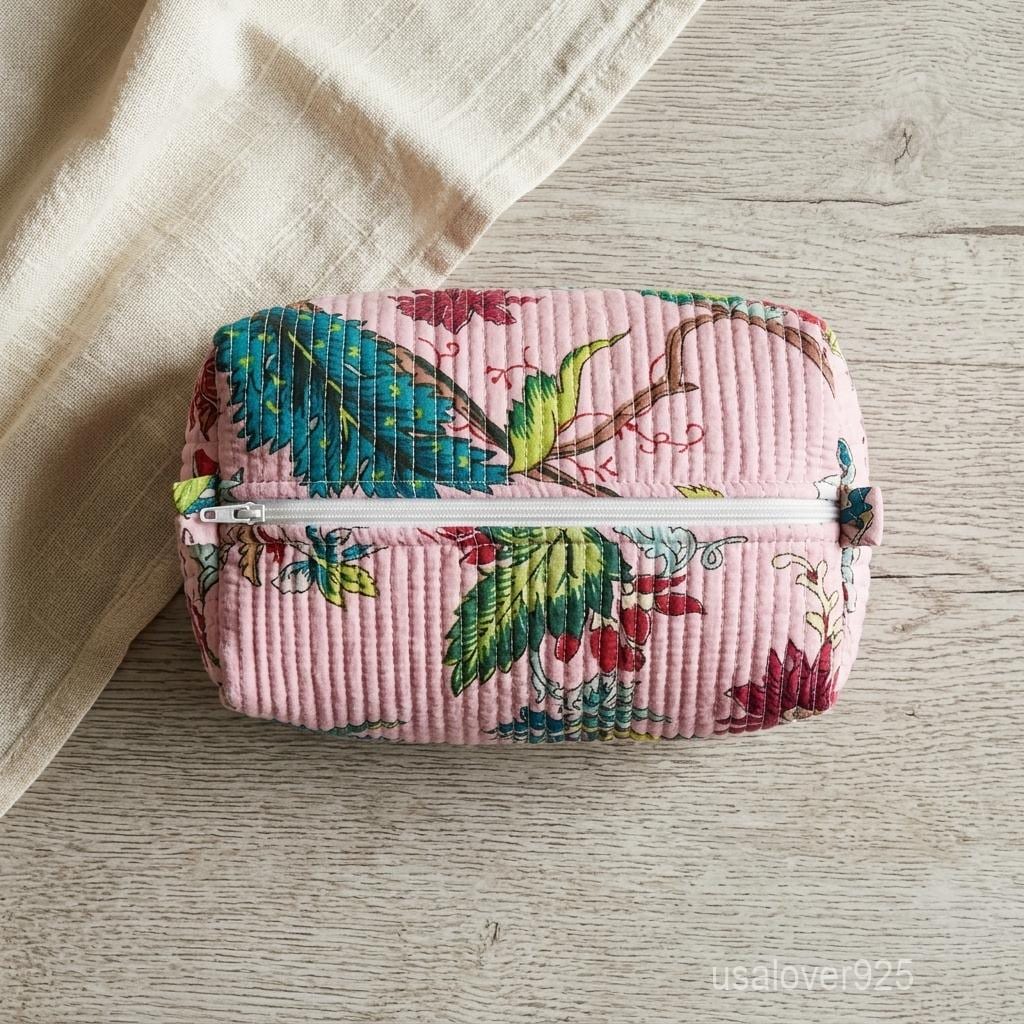 Pink Floral Bird Hand Block Print Cosmetic Bag Set – Quilted Cotton Travel Pouches