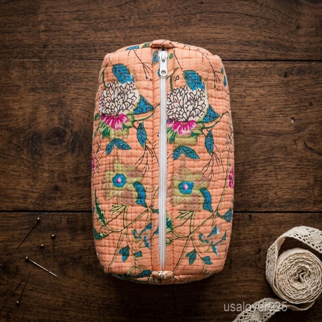 Peach Floral Quilted Cosmetic Bag Set – Hand Block Print Cotton Toiletry Pouches