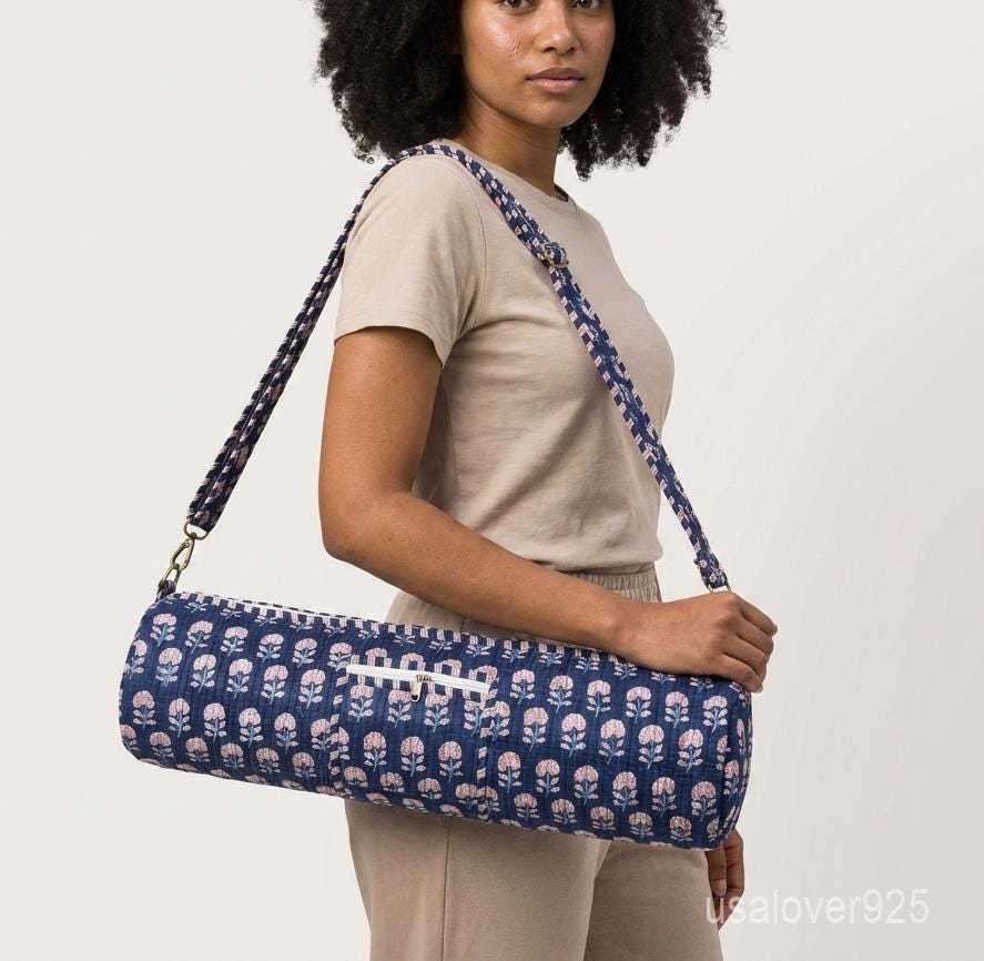 Blue Floral Quilted Cotton Yoga Mat Bag – Hand Block Print Pilates Carrier with Pocket