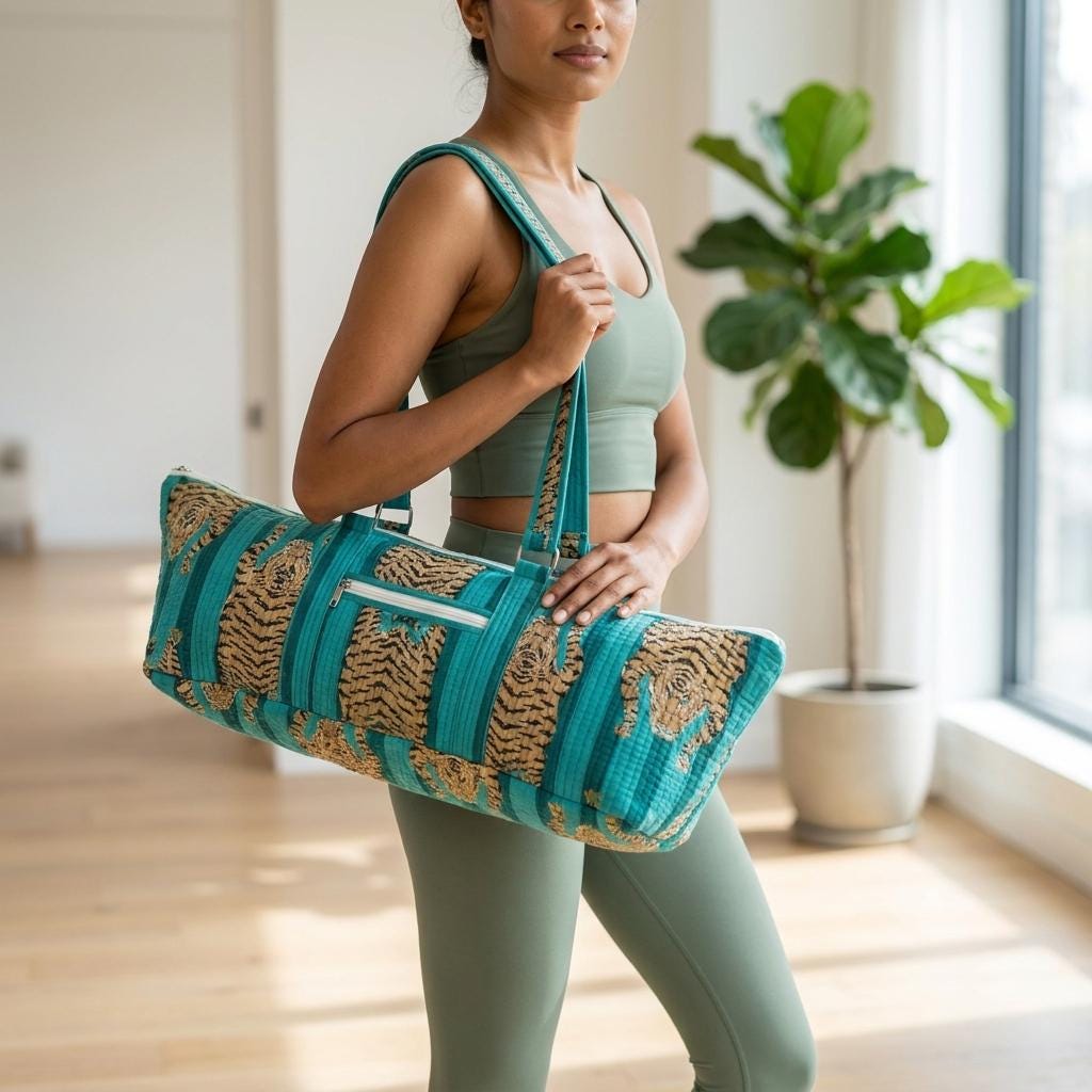 Quilted Tiger Cotton Yoga Mat Bag – Handmade Pilates Carrier Tote Gift For Her