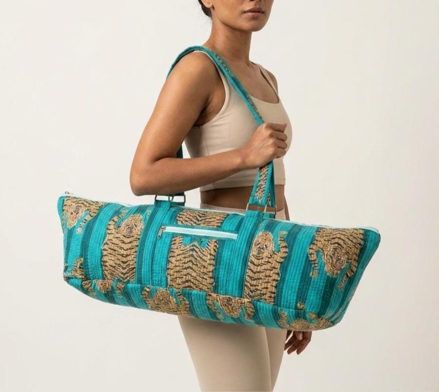 Quilted Tiger Cotton Yoga Mat Bag – Handmade Pilates Carrier Tote Gift For Her