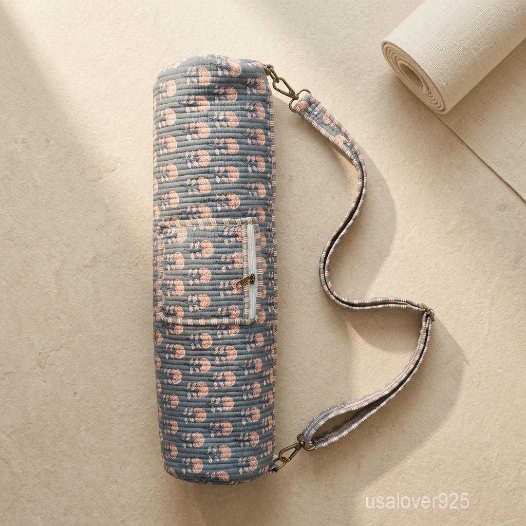 Grey Floral Quilted Cotton Yoga Mat Bag - Hand Block Print Pilates Carrier with Pocket