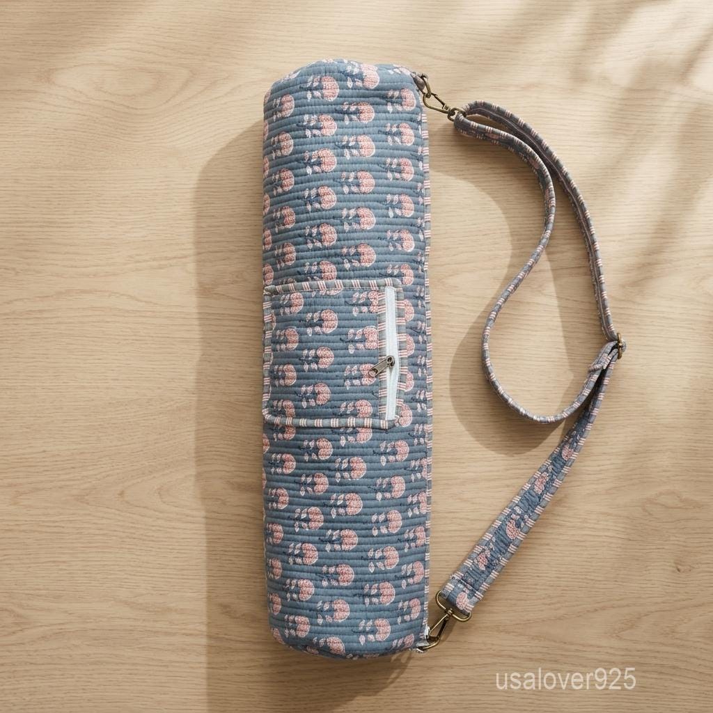 Grey Floral Quilted Cotton Yoga Mat Bag - Hand Block Print Pilates Carrier with Pocket