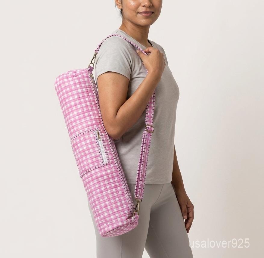 Pink Gingham Yoga Mat Carrier, Quilted Cotton Pilates Tote, Adjustable Strap Pocket, Handmade Bag