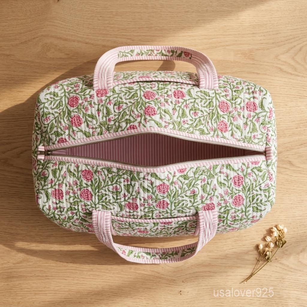 Floral Quilted Weekender Bag, Handmade Cotton Duffle, Block Print Travel Tote, Overnight Carryall Gift