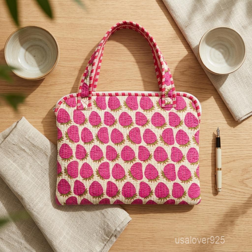 Pink Strawberry Laptop Sleeve, Quilted Cotton MacBook Case, Handmade Padded Laptop Bag Handles