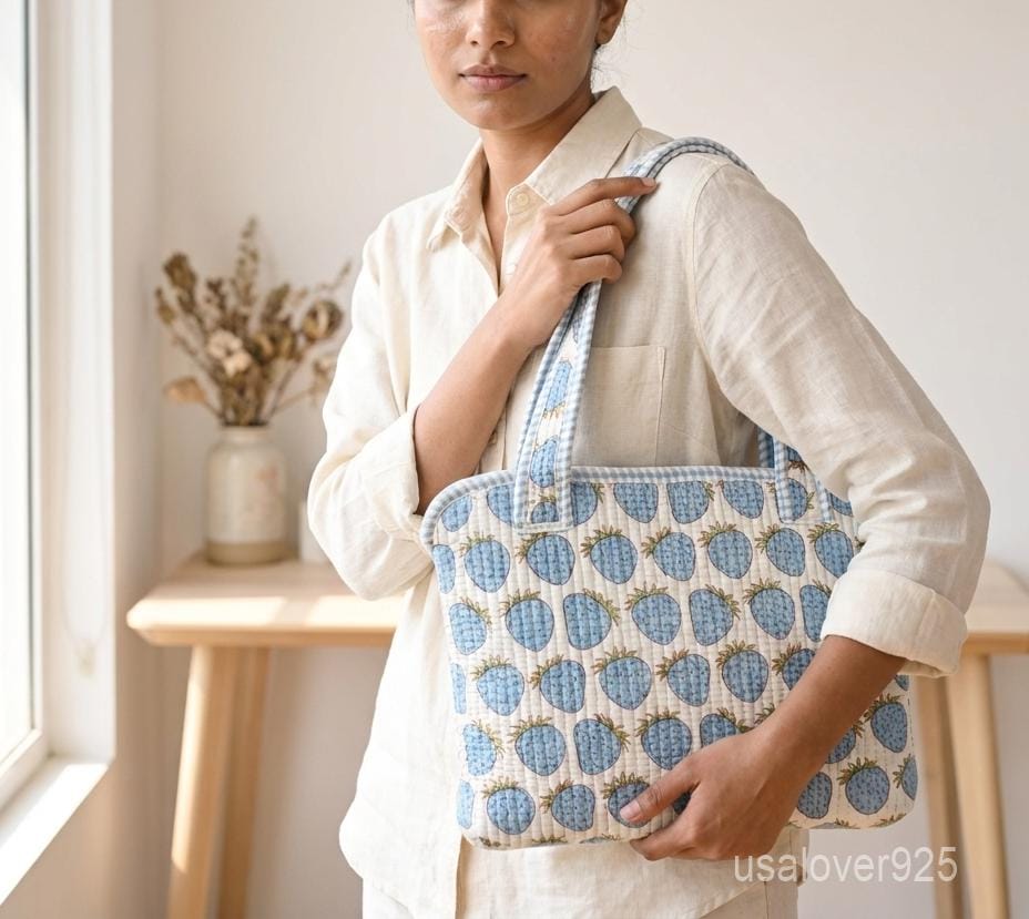Sky Blue Strawberry Laptop Sleeve, Quilted Cotton MacBook Case, Handmade Padded Laptop Bag Handles
