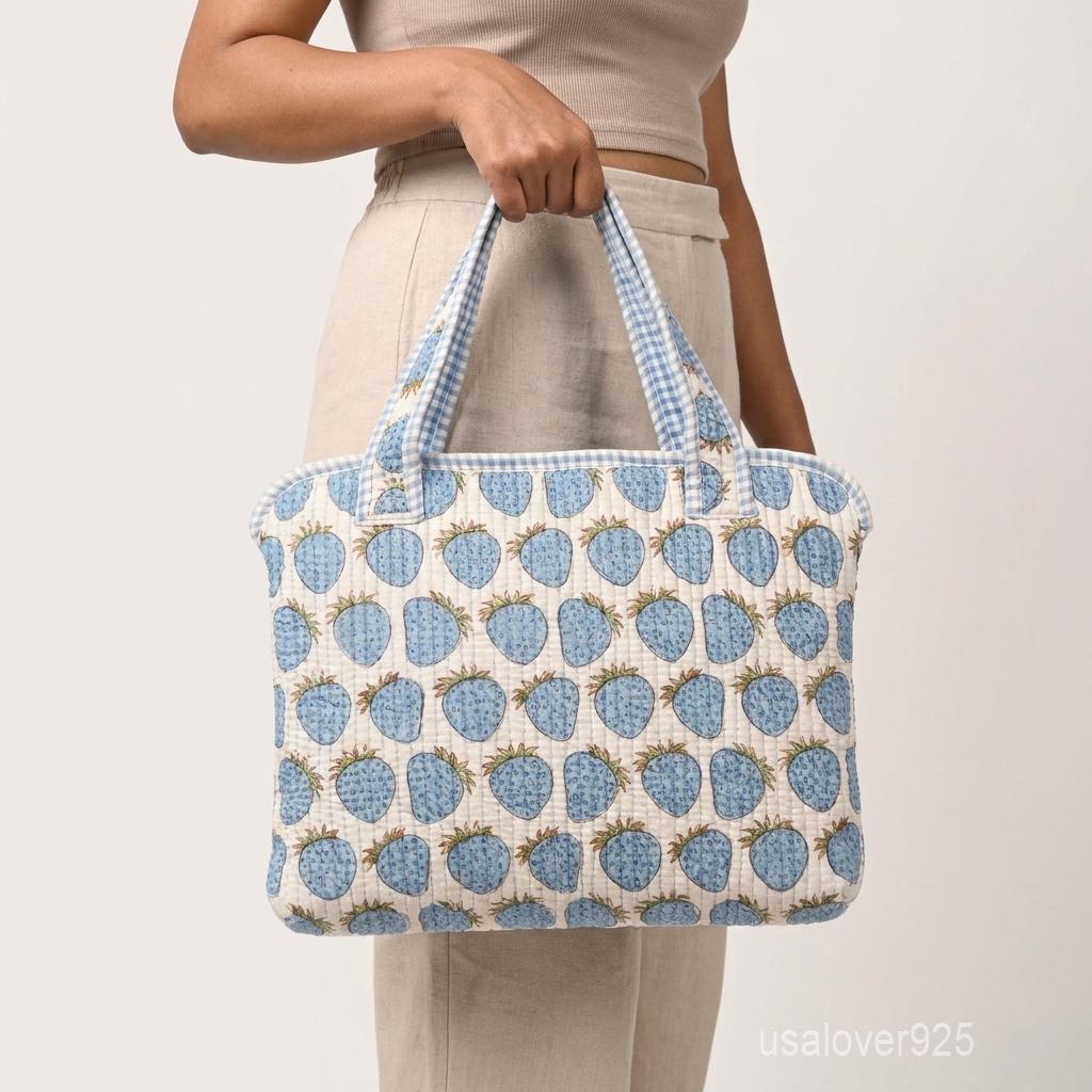 Sky Blue Strawberry Laptop Sleeve, Quilted Cotton MacBook Case, Handmade Padded Laptop Bag Handles
