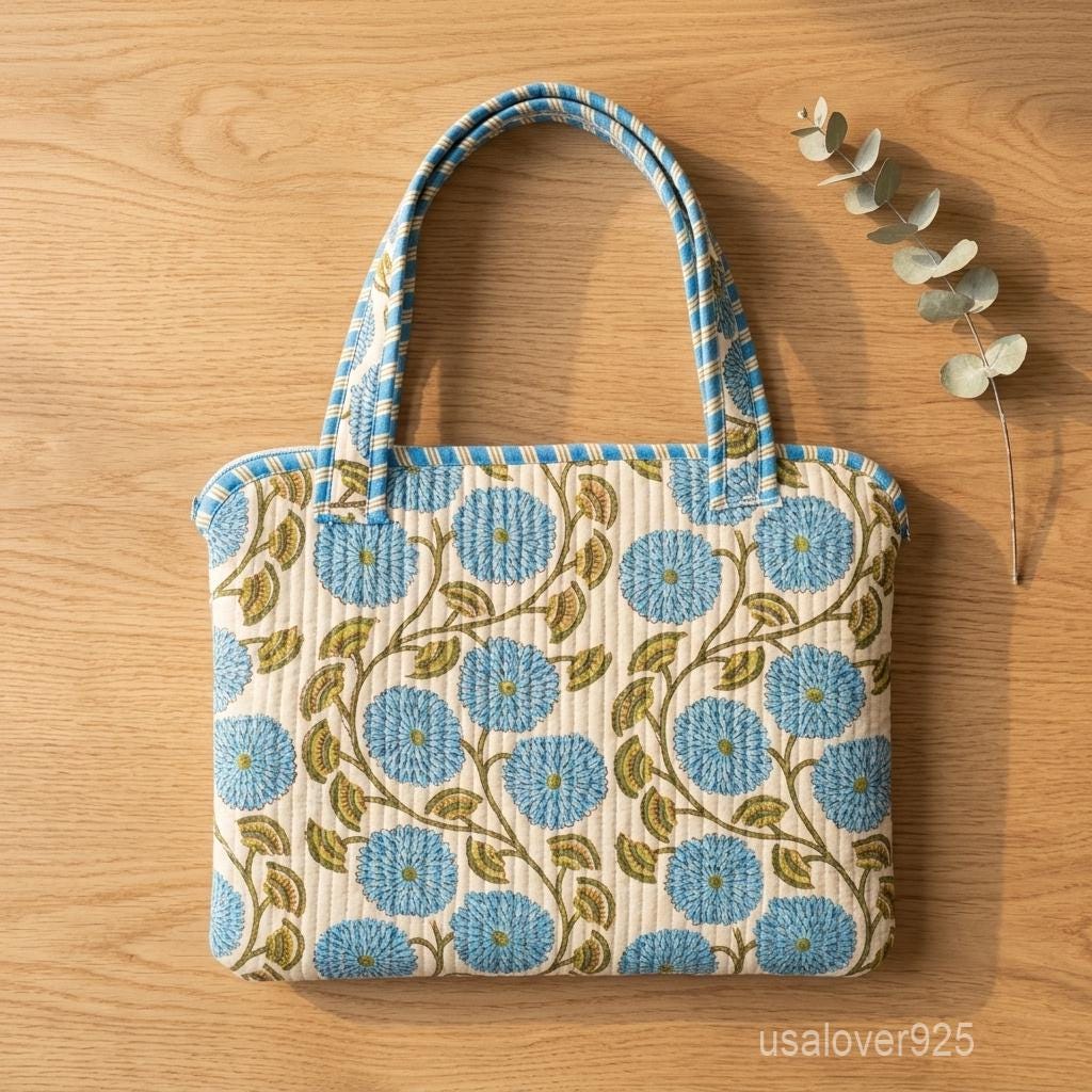 Sky Blue Floral Laptop Sleeve, Quilted Cotton MacBook Case, Handmade Padded Laptop Bag Handles