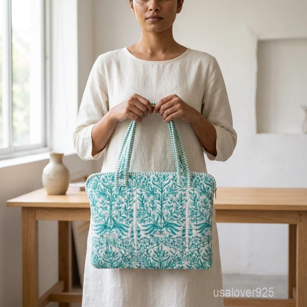 Green Botanical Quilted Cotton Laptop Sleeve - Padded MacBook Case with Sturdy Handles
