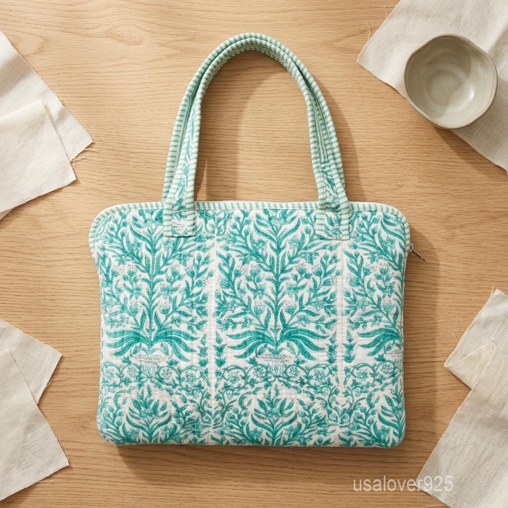Green Botanical Quilted Cotton Laptop Sleeve - Padded MacBook Case with Sturdy Handles
