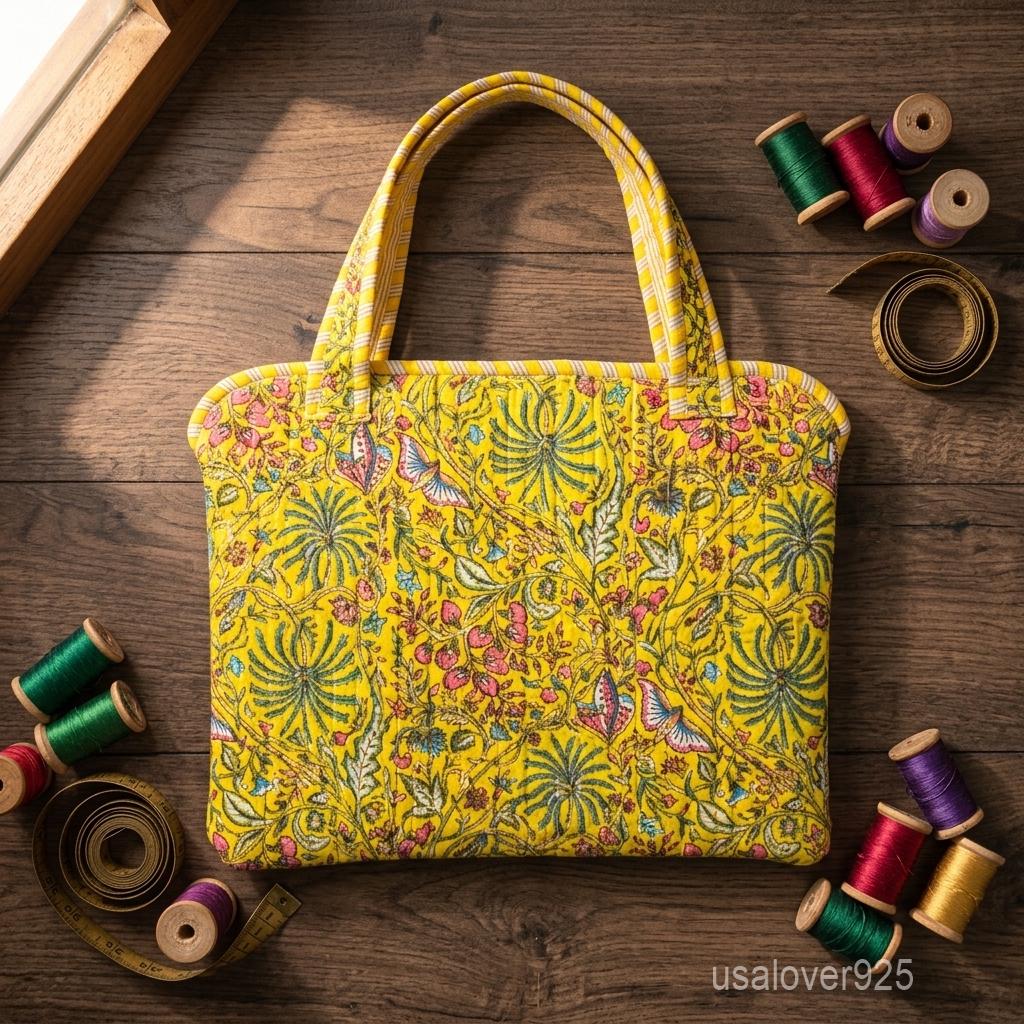 Handmade Quilted Cotton Laptop Sleeve, Yellow Floral Botanical Tote Bag