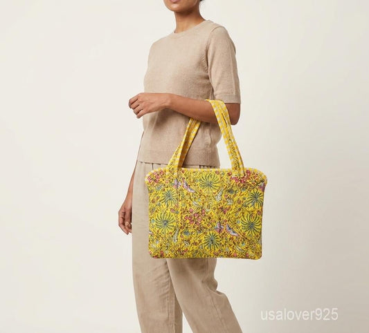 Handmade Quilted Cotton Laptop Sleeve, Yellow Floral Botanical Tote Bag