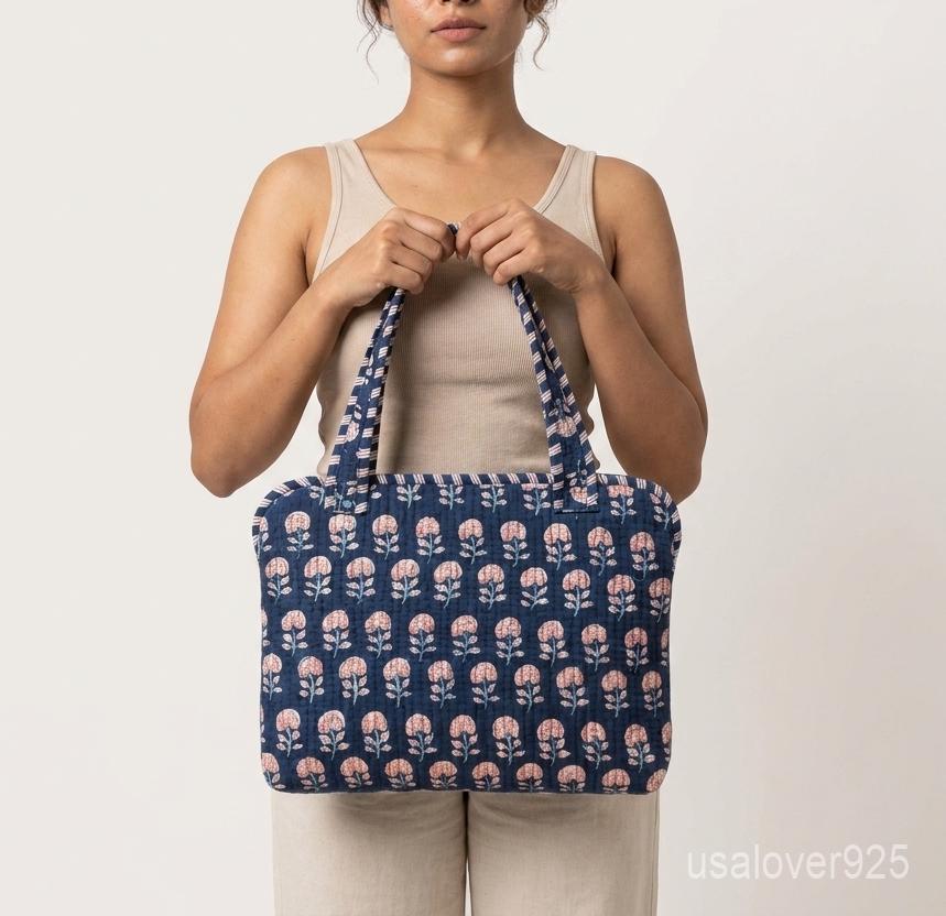 Blue Floral Quilted Cotton Laptop Sleeve, Botanical Padded Computer Tote