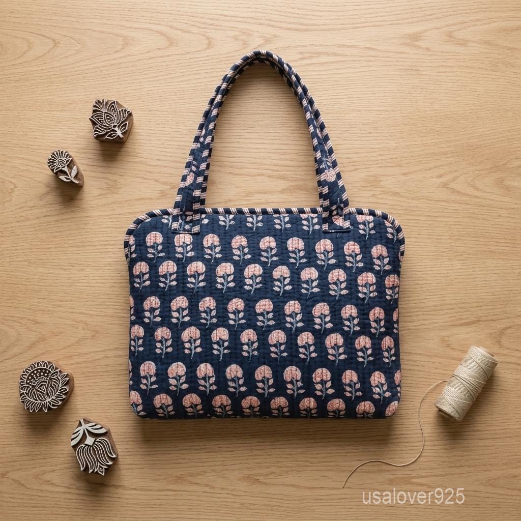 Blue Floral Quilted Cotton Laptop Sleeve, Botanical Padded Computer Tote