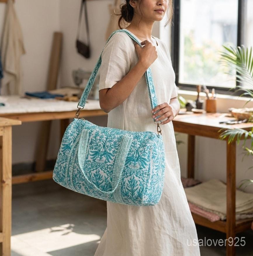 Hand Block Print Duffle Bag, Green Floral Quilted Cotton Weekender Tote