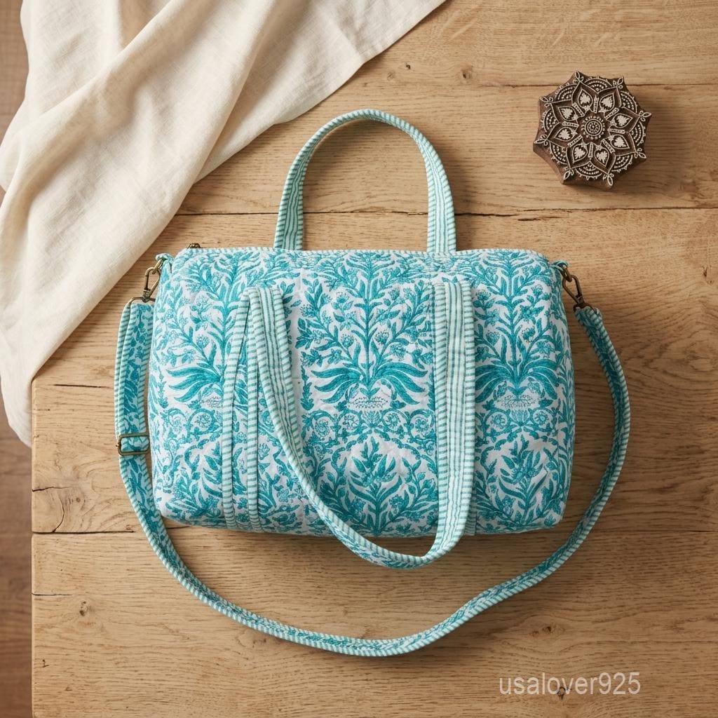 Hand Block Print Duffle Bag, Green Floral Quilted Cotton Weekender Tote