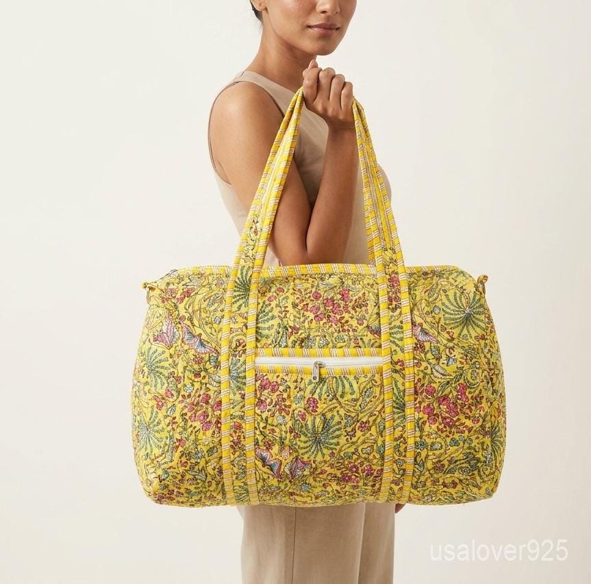 Yellow Floral Quilted Cotton Duffle Bag - Handmade Weekender Travel Bag with Adjustable Strap
