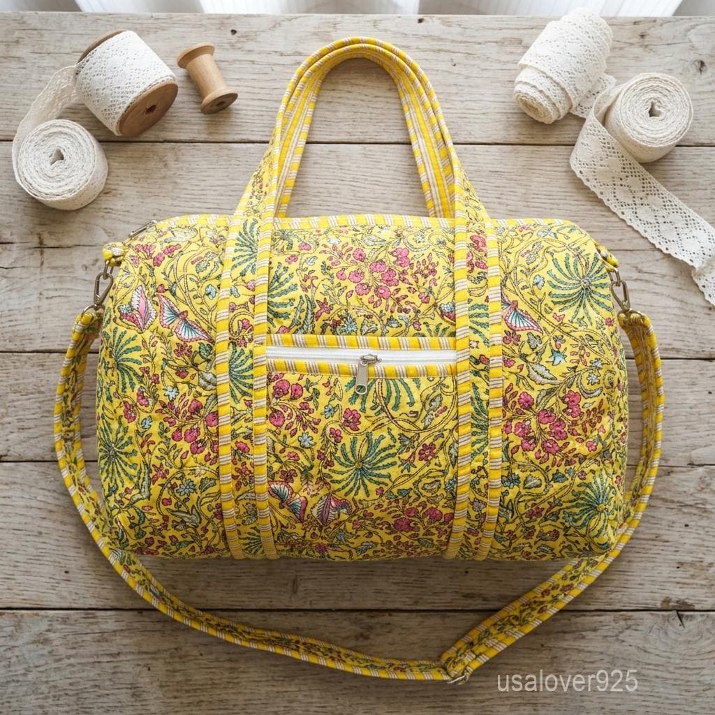 Yellow Floral Quilted Cotton Duffle Bag - Handmade Weekender Travel Bag with Adjustable Strap