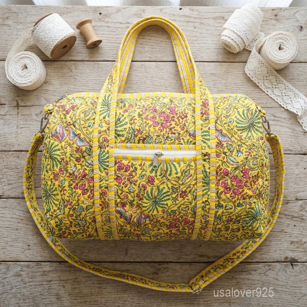 Yellow Floral Quilted Cotton Duffle Bag - Handmade Weekender Travel Bag with Adjustable Strap