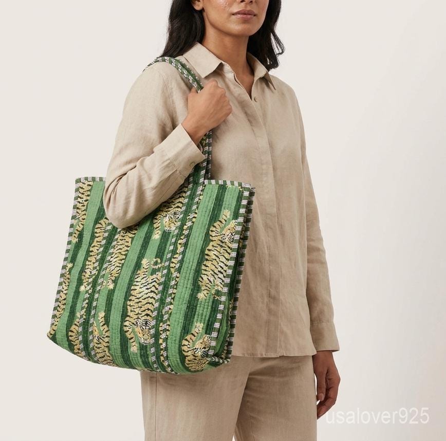 Green Tiger Quilted Tote Bag, Striped Cotton Shoulder Carryall, Artisan Print Purse