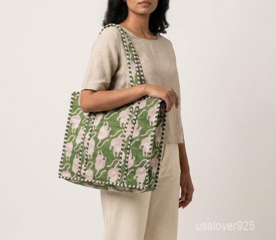 Green Tiger Quilted Tote, Handmade Cotton Carryall, Boho Market Shopper, Reusable Everyday Shoulder Bag