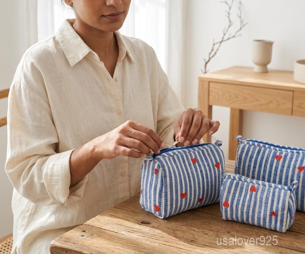 Blue Heart Makeup Pouch Set, Quilted Cotton Organizers, Striped Toiletry Cases, Travel Cosmetic Trio